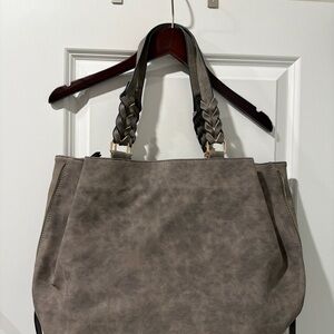 Large Taupe Tote Bag (Braided Handles + Pouch)